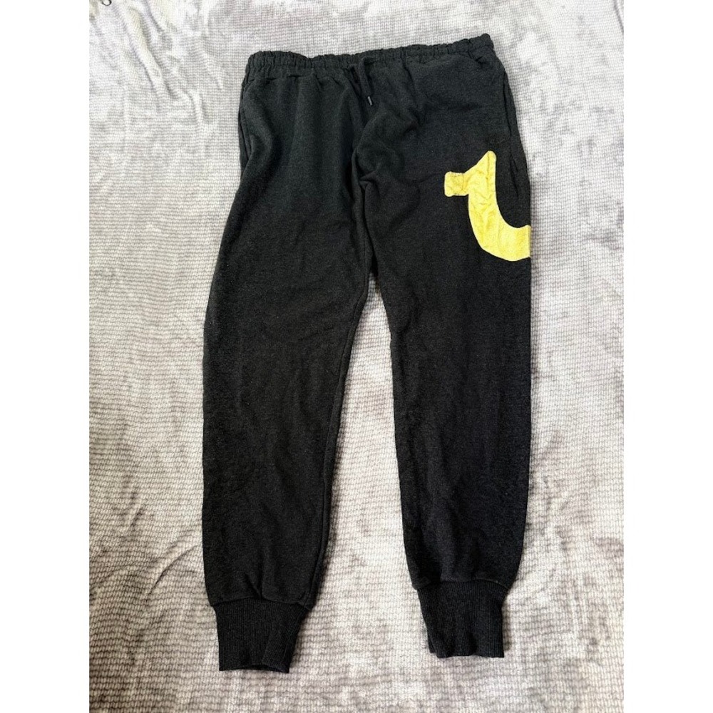 True Religion Mens Black Yellow Horseshoe Logo Jogger Sweatpants Fleece 34X27‎